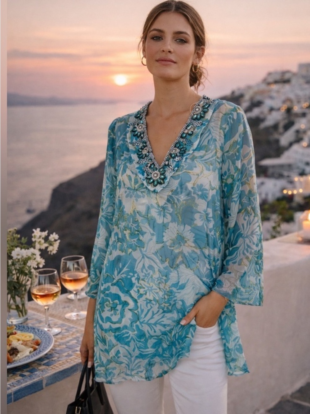 Soft Surroundings beaded silk sheer turquoise white gold silk kaftan tunic top L